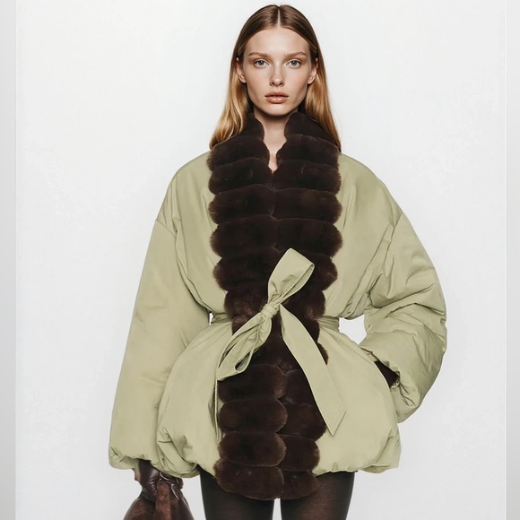 Sage Green Quilted Jacket with Brown Faux Fur Trim like helsa - Picture 3 of 8